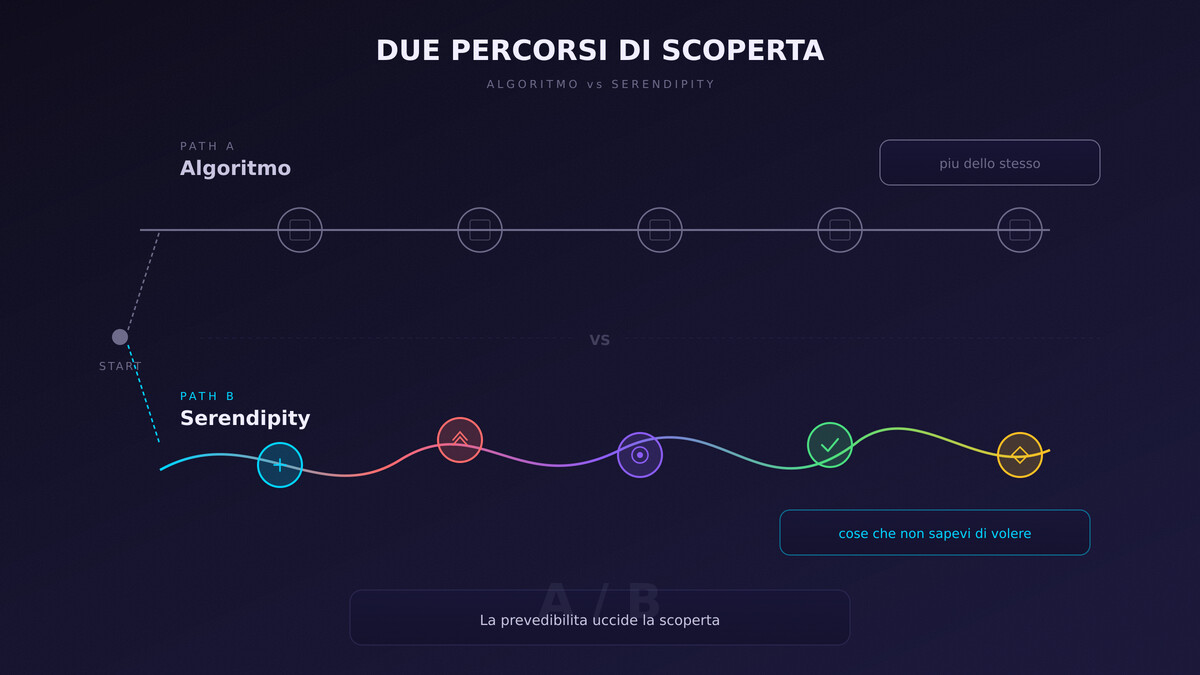 due galassie spirali stilizzate che si avvicinano l'una all'altra, con un punto di luce brillante dove le braccia si sfiorano — il momento della connessione