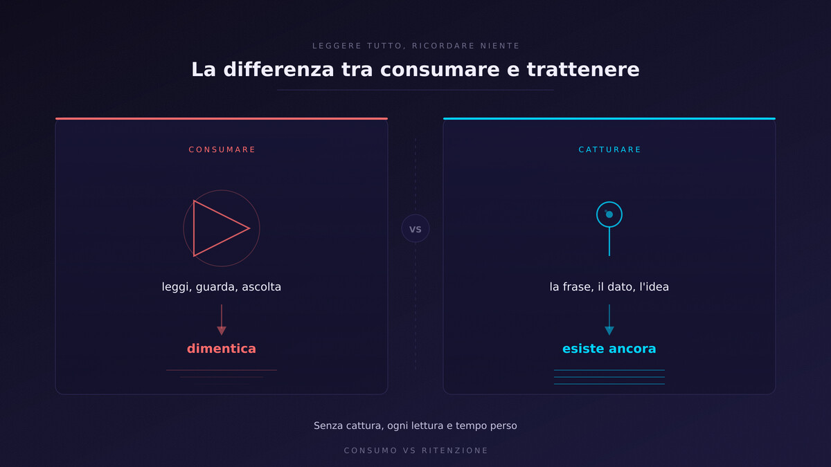 un libro aperto stilizzato da cui escono pochi punti di luce selezionati (non tanti) che fluttuano verso l'alto e si fermano, sospesi — la selezione di cosa vale