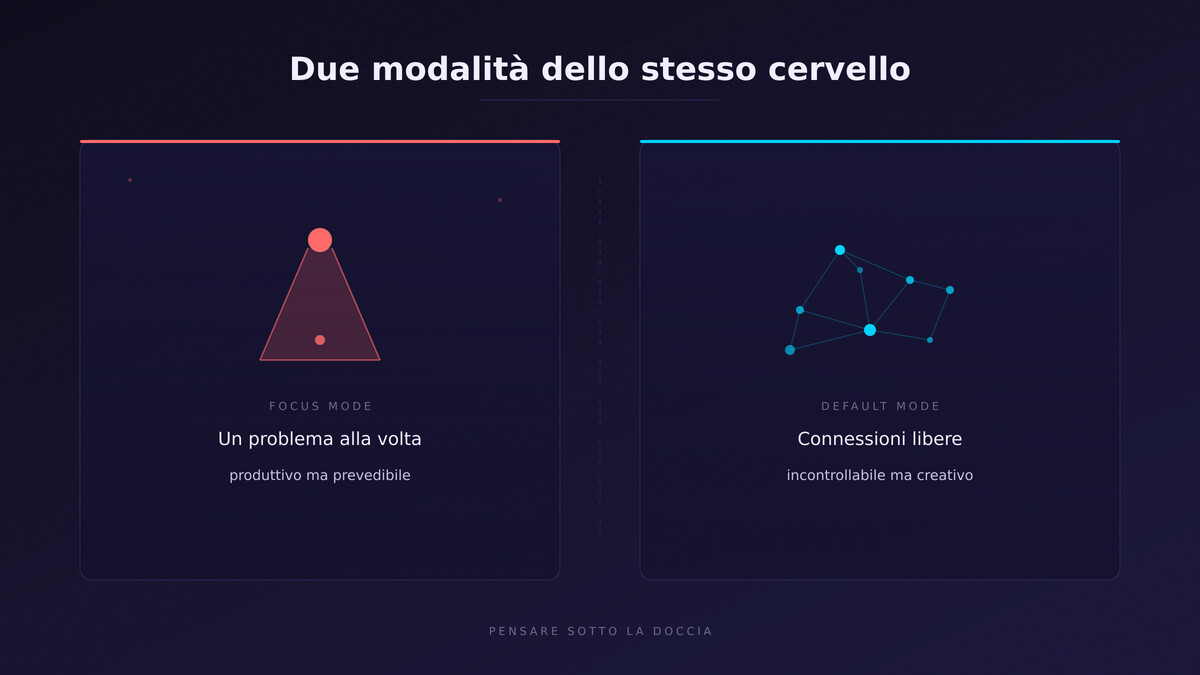silhouette di una testa vista di profilo (linee sottili, stile wireframe) con all'interno una costellazione di punti luminosi che si collegano tra loro — il default mode network in azione